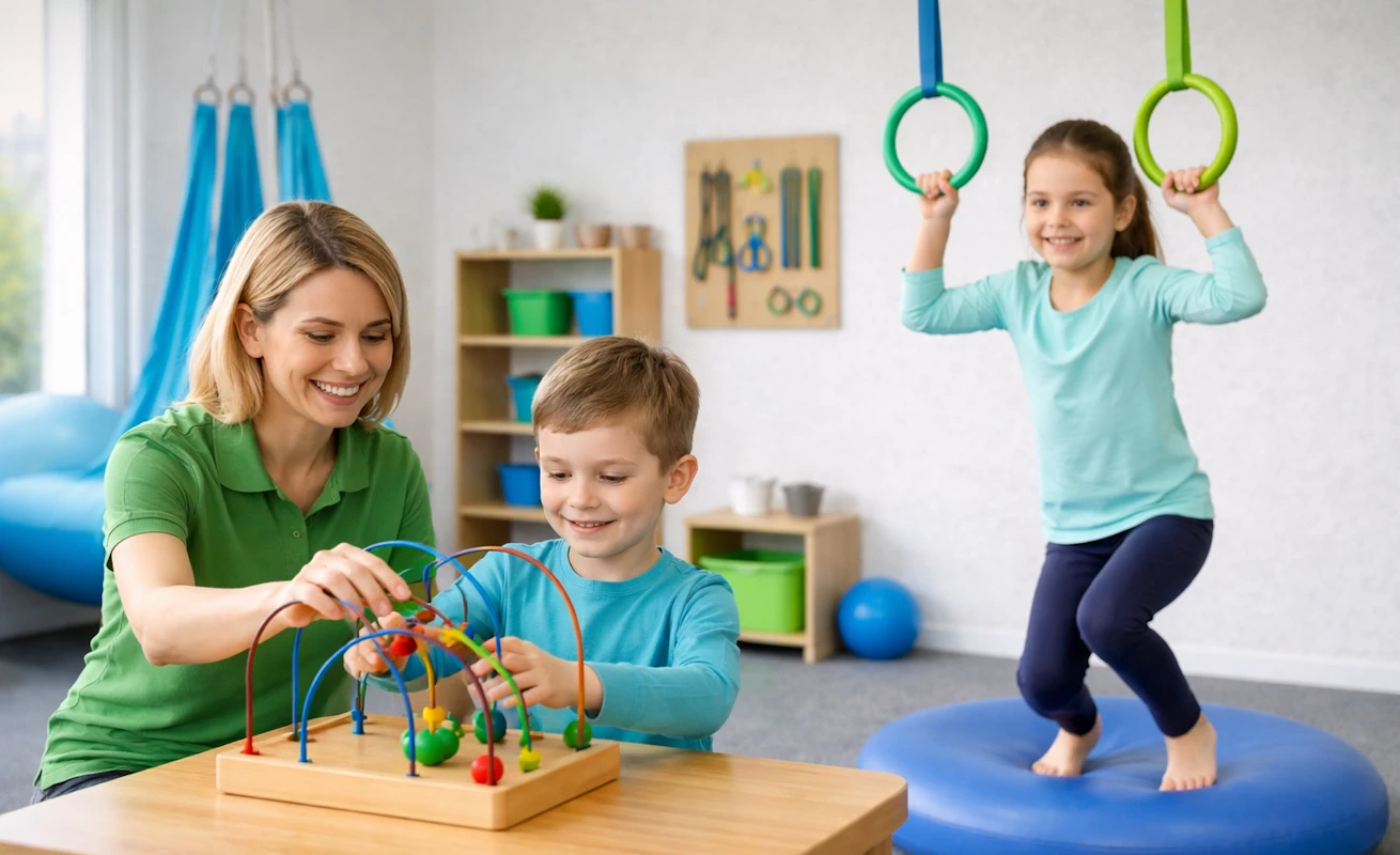 Eine Ergotherapeutin mit zwei Kindern in einer pädiatrischen Behandlungssituation