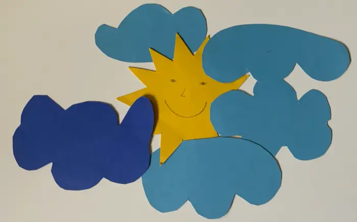Psychiatrie: Ausgeschnittene Formen aus Papier: blaue Wolken und eine gelbe Sonne mit lächelndem Gesicht.